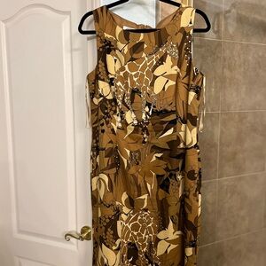 Talbots Brown and Cream Leaf Print Midi Dress